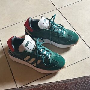 adidas Green Suede Retro Runner with White Stripes and Red Heel